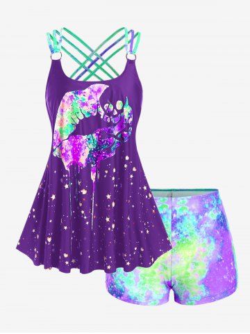 Maillot de bain tankini rembourré à imprimé lèvres grande taille et bretelles shorty - PURPLE IRIS - L | US 12