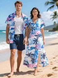 Coconut Tree Tropical Leaf Print Plus Size Matching Hawaii Beach Outfit For Couples -  