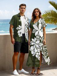 Hibiscus Flowers Leaf Print Plus Size Matching Hawaii Beach Outfit For Couples -  
