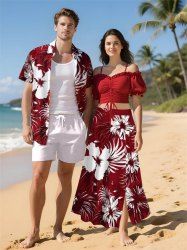 Hibiscus Flower Tropical Leaf Print Plus Size Matching Hawaii Beach Outfit For Couples -  