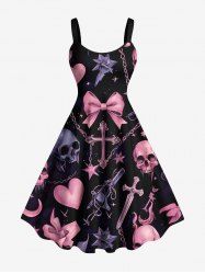 Plus Size Halloween Skulls Heart Bowknot Star Chains Print Tank Dress -  
