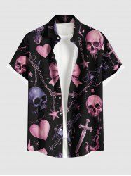 Chemise grande taille pour homme, motif tête de mort, cœur, nœud papillon, étoiles, chaînes, boutons et poches - Noir XL
