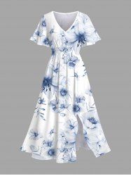 Plus Size Flowers Leaf Print Split Hawaii Midi Dress -  