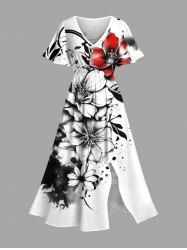 Plus Size Flowers Ink Painting Splatter Print Split Hawaii Midi Dress -  