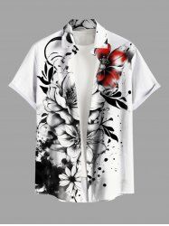 Chemise hawaïenne grande taille à imprimé floral et éclaboussures de peinture à l'encre, boutons et poches pour homme - Blanc 3XL