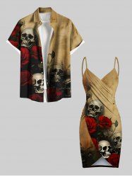 Distressed Skull Rose Flower Print Plus Size Matching Outfit For Couples -  