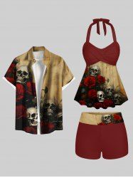 Maillot de bain grande taille à imprimé tête de mort et roses, tenue assortie pour couple - café 
