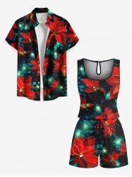 Matching Hawaii Shirt and Romper Plus Size Beach Outfit Glitter Flower Print For Couples -  
