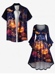 Halloween Pumpkin Lantern Crow Rose Flower Print Plus Size Matching Outfit For Couples -  
