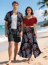Tenue de plage hawaïenne assortie grande taille à imprimé feuilles de roses pour couples - Rouge Vineux 
