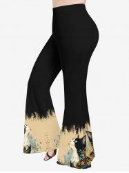 Pantalon évasé à imprimé chat et fleurs grande taille - Noir L