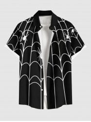 Plus Size Spider Web Insect Print Halloween Button Pocket Shirt For Men -  