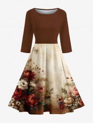 Flower Leaf Branch Print Hawaii Ombre 50's Vintage A Line Dress -  