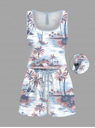 Plus Size Coconut Tree Sea Waves Boat Print Cinched Hawaii Romper -  