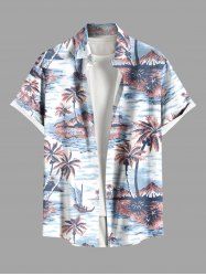 Plus Size Coconut Tree Sea Waves Boat Print Buttons Pocket Hawaii Shirt For Men -  