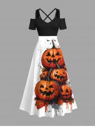 Plus Size Halloween Pumpkin Leaf Paint Splatter Print Cold Shoulder Crisscross Maxi Dress -  