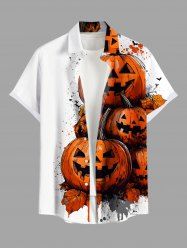 Plus Size Halloween Pumpkin Leaf Paint Splatter Print Buttons Pocket Shirt For Men -  