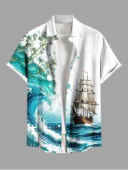 Plus Size Sea Waves Sailboat Flower Branch Print Hawaii Cruise Button Pocket Shirt For Men -  