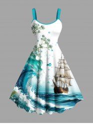 Robe débardeur grande taille à imprimé vagues, voilier, fleurs et branches, style croisière hawaïenne - Blanc L