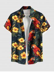 Plus Size Tropical Leaf Hibiscus Flower Parrot Print Hawaii Button Pocket Shirt For Men -  