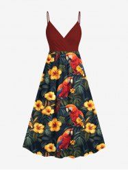 Robe camisole trapèze à surplis grande taille, motif feuilles tropicales, hibiscus, fleurs, perroquets, imprimé hawaïen - Rouge 1X