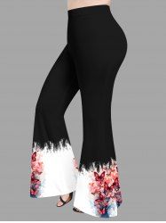 Pantalon évasé grande taille à imprimé floral et papillon aquarelle ombré - Noir 5X