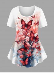 Plus Size Ombre Watercolor Flower Butterfly Print Women T-shirt -  