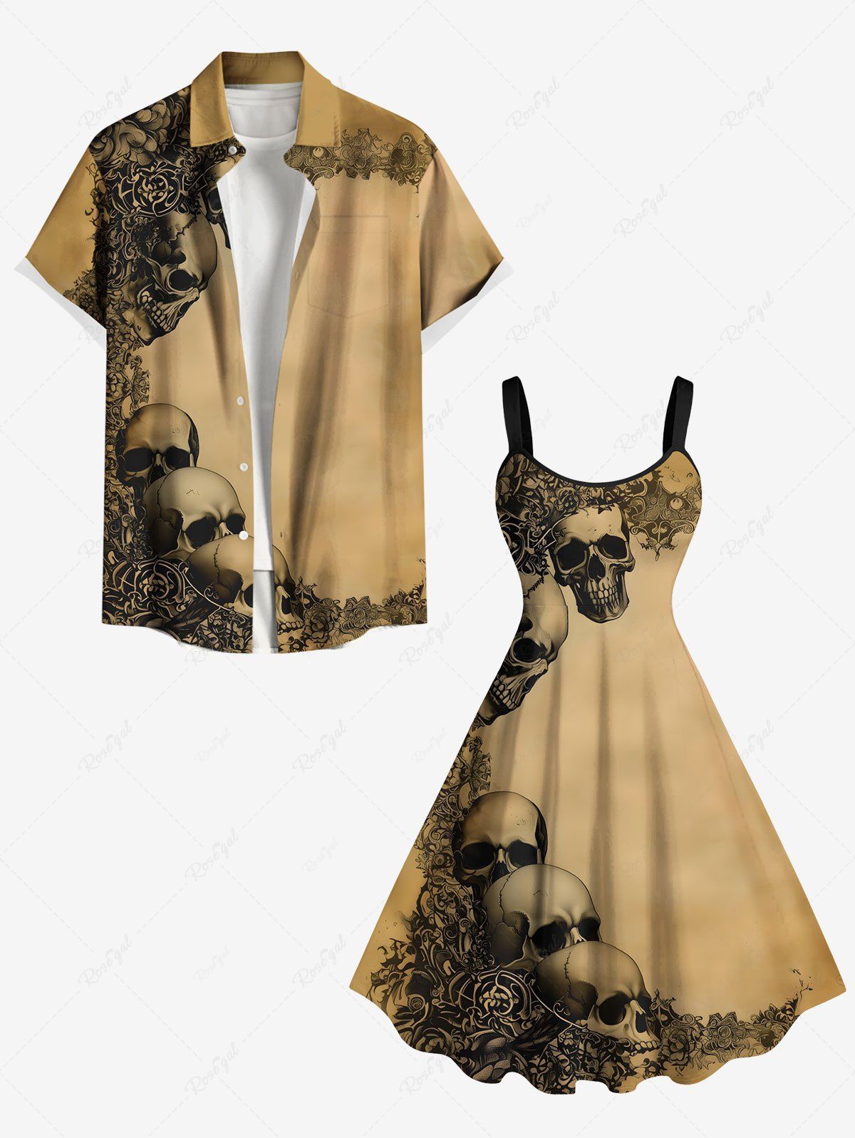 Sale Distressed Skull Flower Print Plus Size Matching Outfit For Couples  