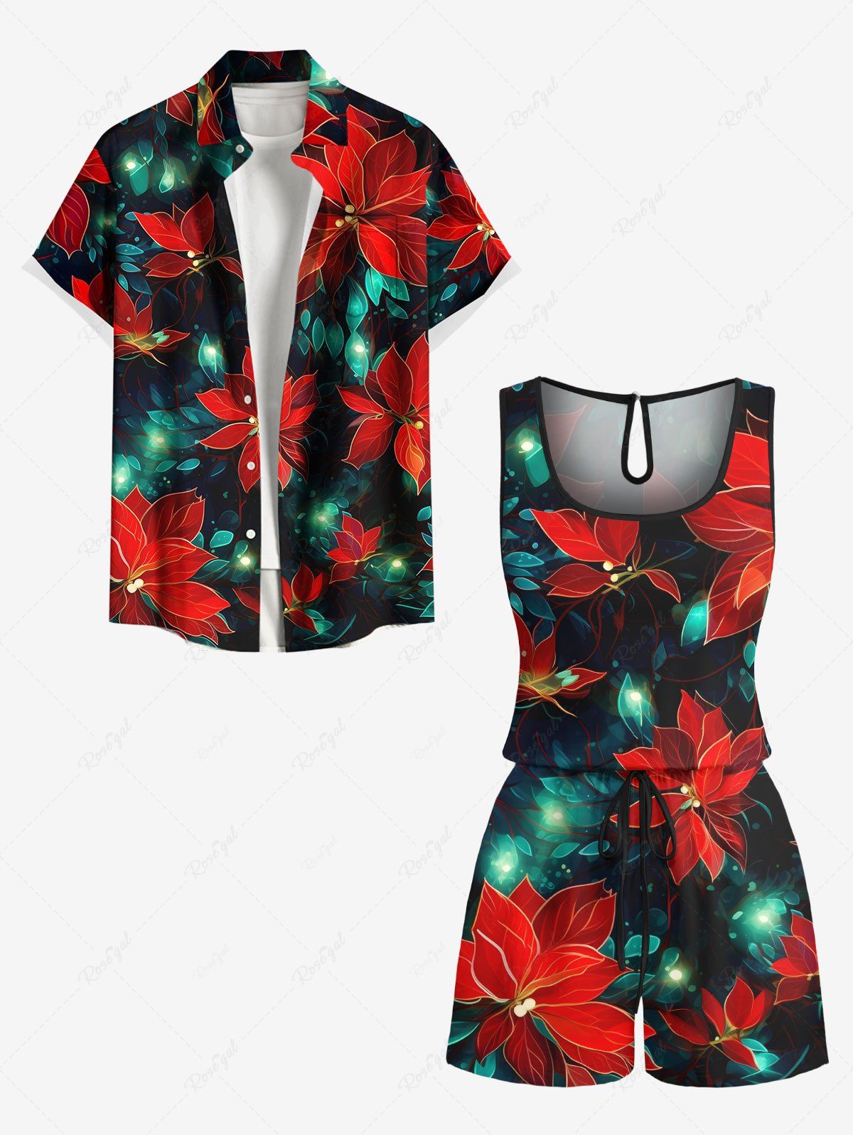 Cheap Matching Hawaii Shirt and Romper Plus Size Beach Outfit Glitter Flower Print For Couples  