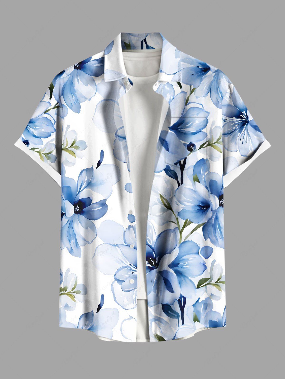 Chemise hawaïenne grande taille à imprimé floral aquarelle et poches boutonnées pour homme Blanc 5XL