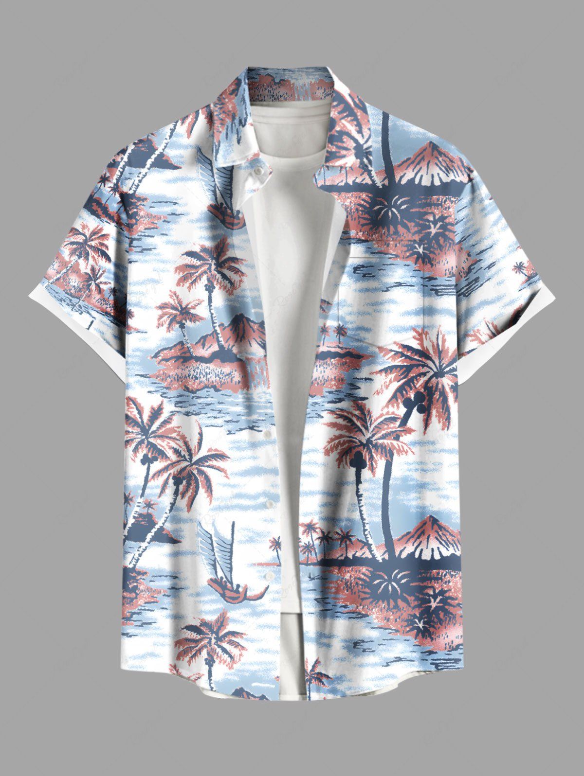 Chemise hawaïenne grande taille à imprimé cocotiers, vagues, bateau, boutons et poches pour homme Bleu Ciel XL