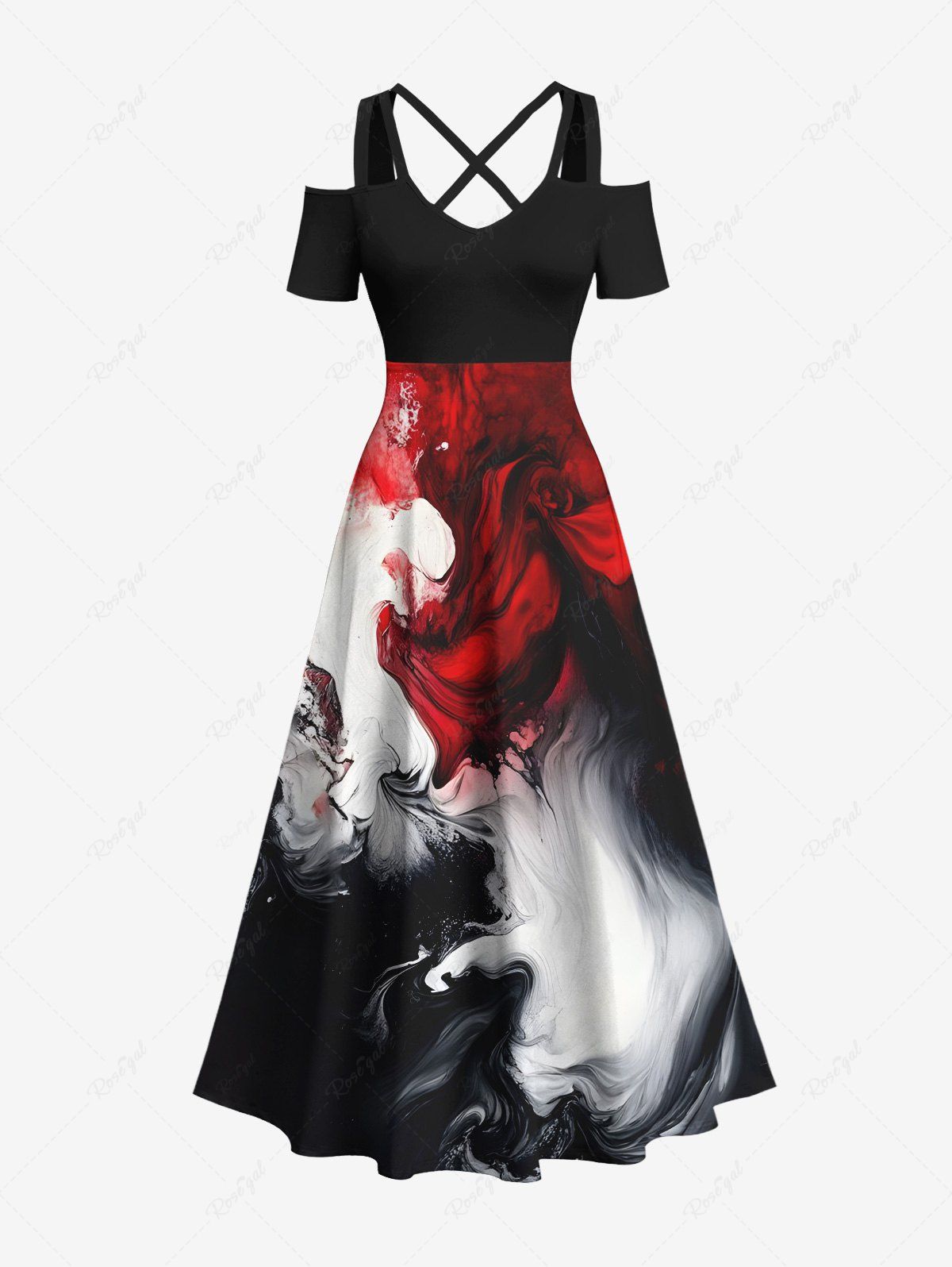 Fashion Plus Size Ombre Ink Painting Print Cold Shoulder Crisscross Hawaii Maxi Dress  