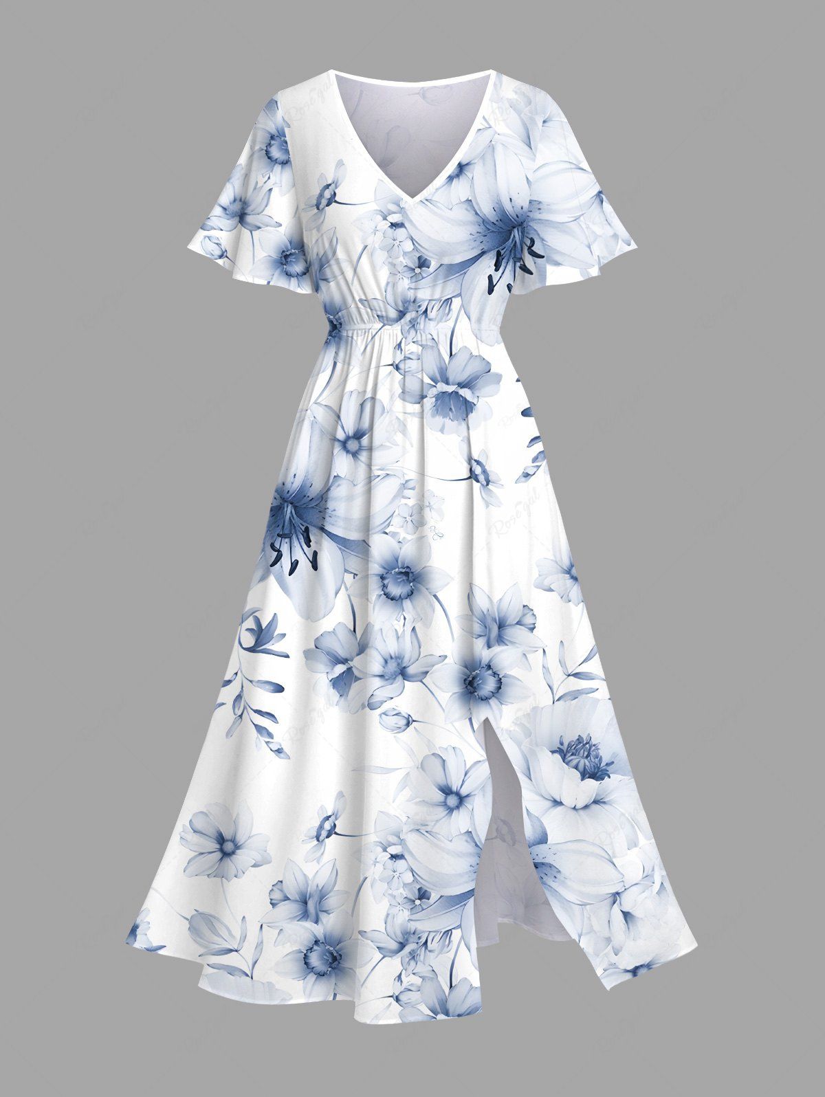 Robe mi-longue hawaïenne fendue à imprimé fleurs et feuilles grande taille Blanc 6X