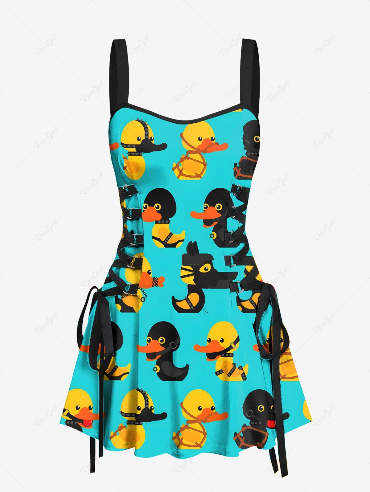 Outfit Ducks Print Lace Up Tank Dress  
