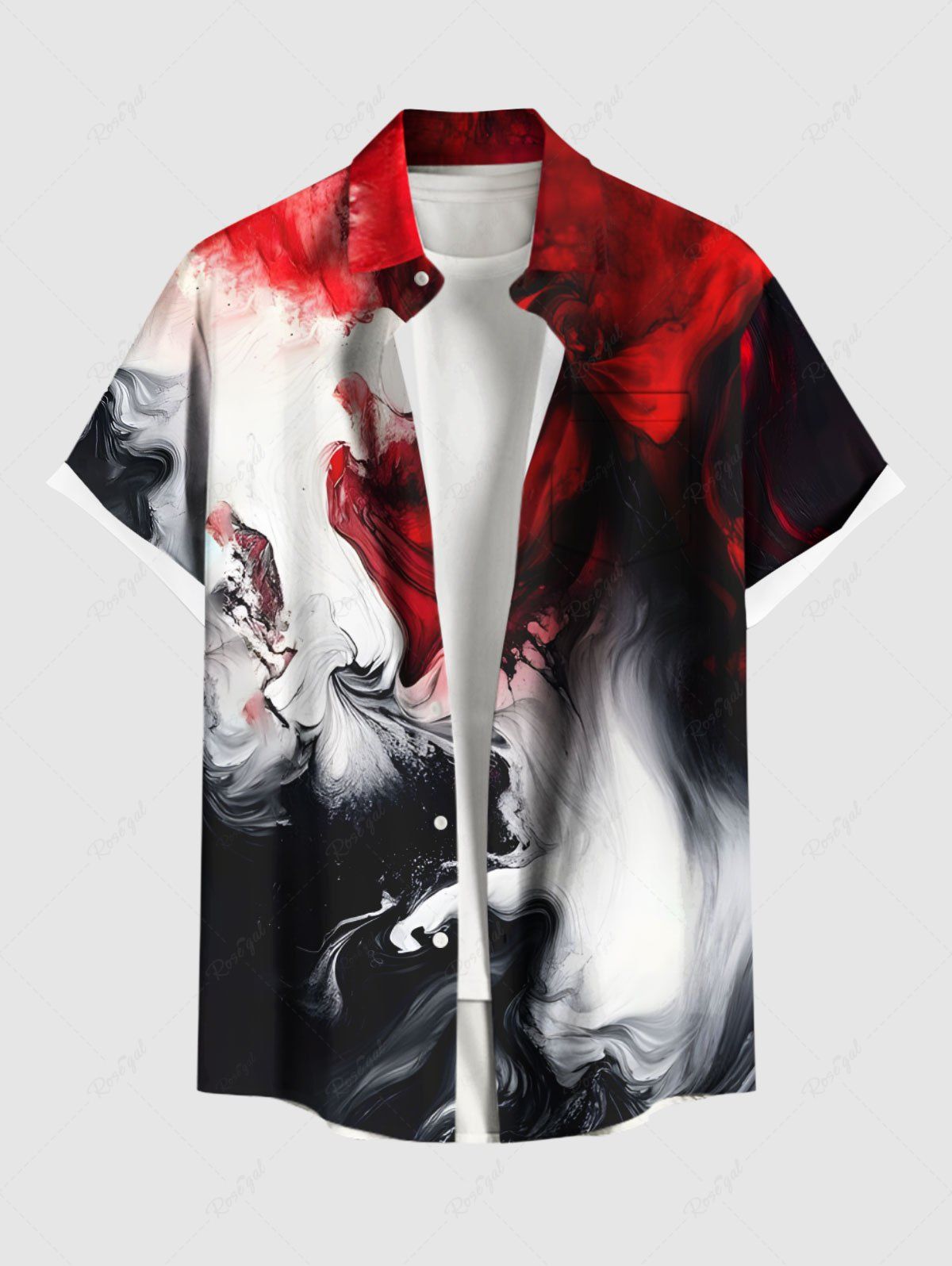 Chemise hawaïenne grande taille à imprimé peinture à l'encre ombrée avec poches et boutons pour homme Noir 4XL