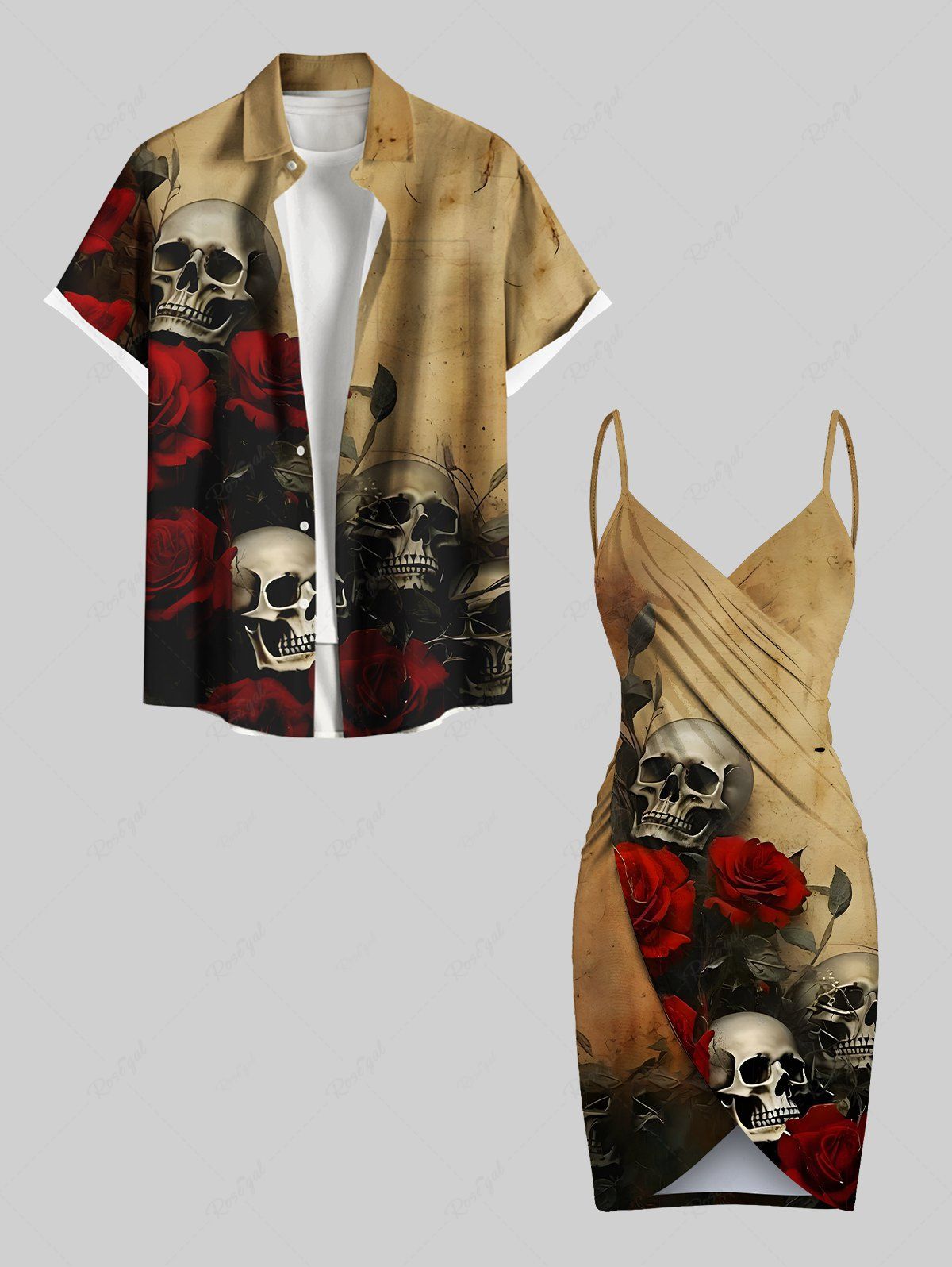 Online Distressed Skull Rose Flower Print Plus Size Matching Outfit For Couples  