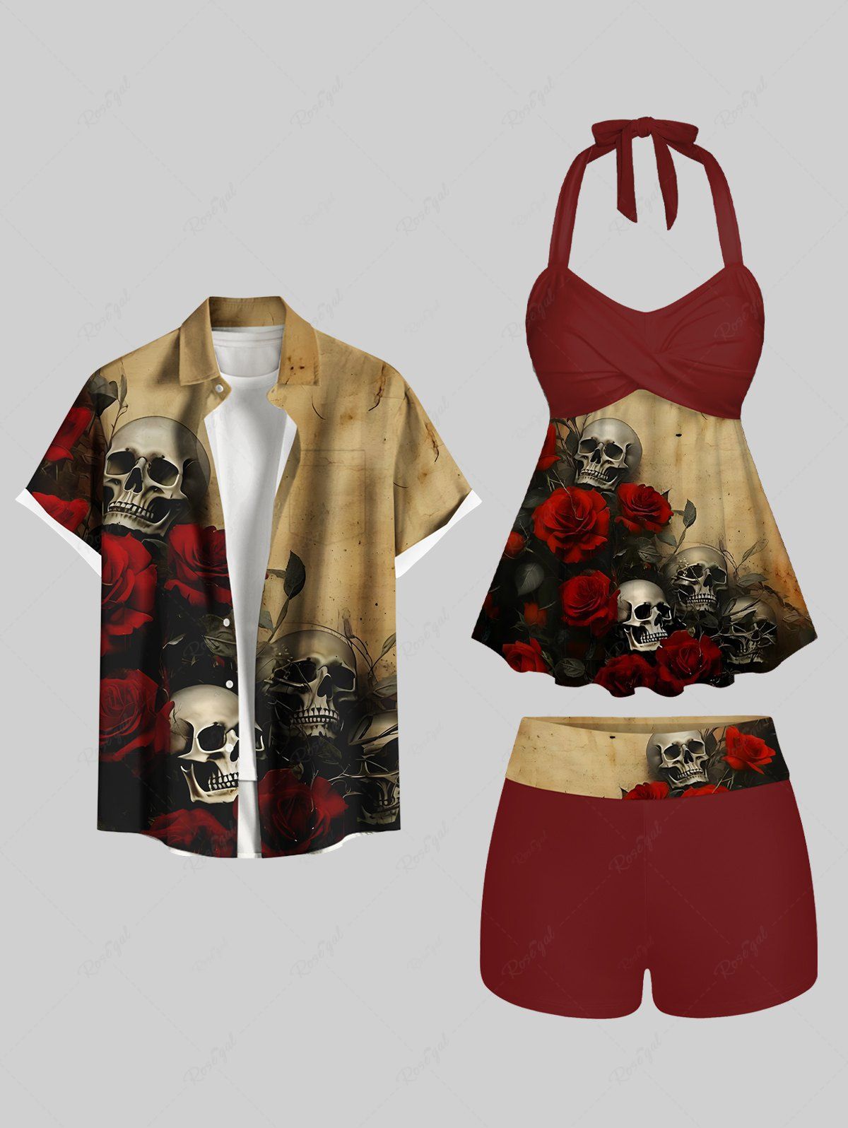 Maillot de bain grande taille à imprimé tête de mort et roses, tenue assortie pour couple café 