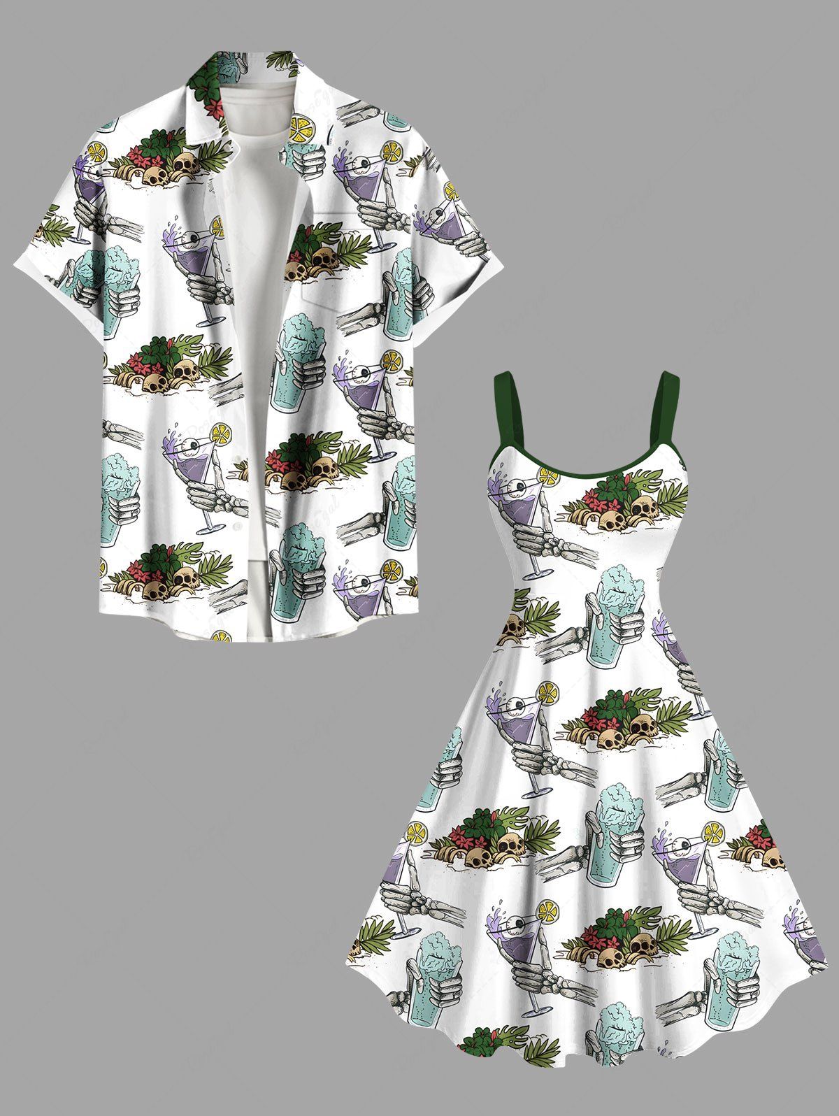 Best Skulls Skeleton Claw Flowers Leaf Fruit Juice Print Plus Size Matching Hawaii Beach Outfit For Couples  