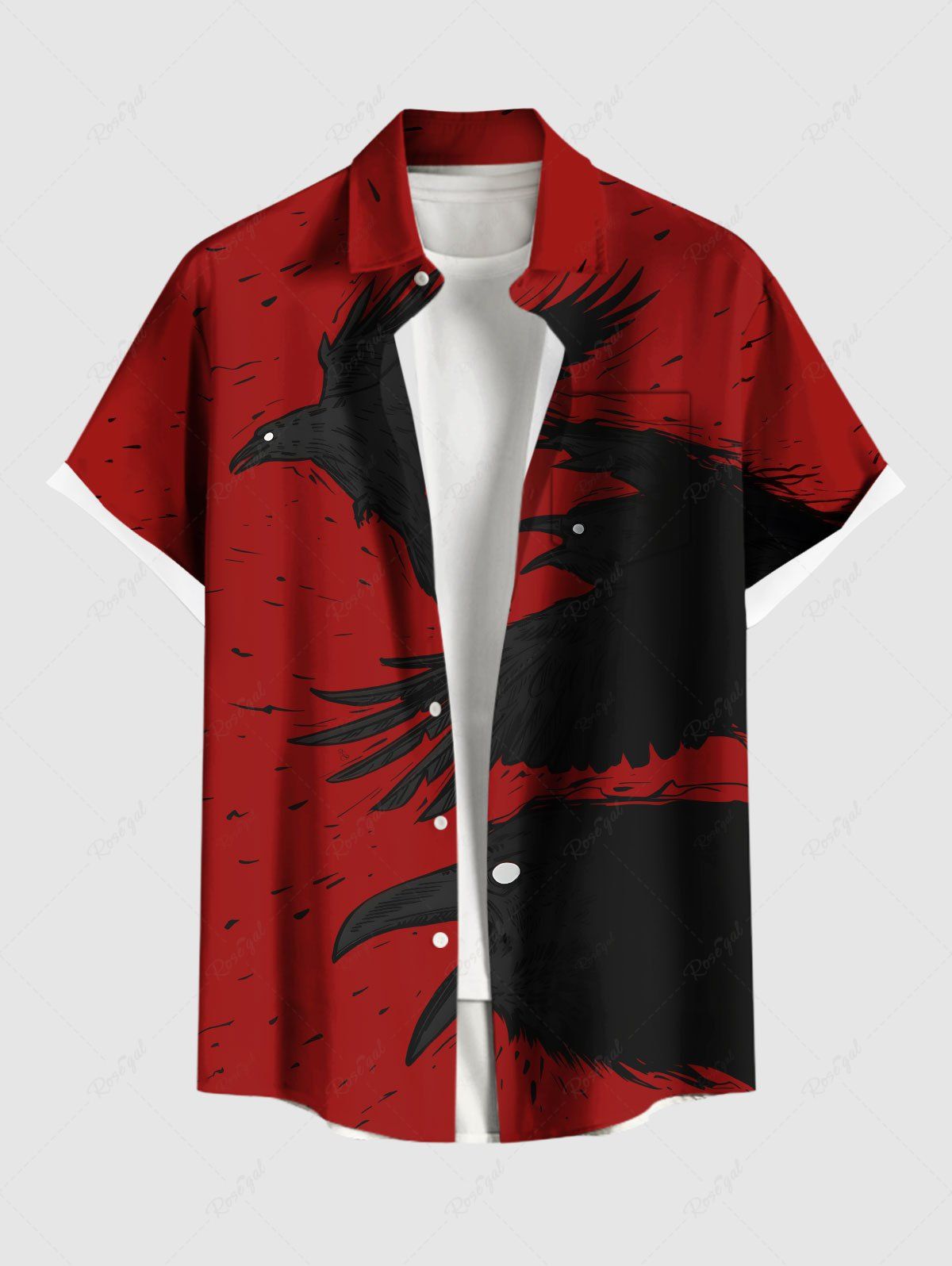 Chemise grande taille à imprimé corbeau et peinture à l'encre pour homme, avec poches boutonnées pour Halloween Rouge 4XL