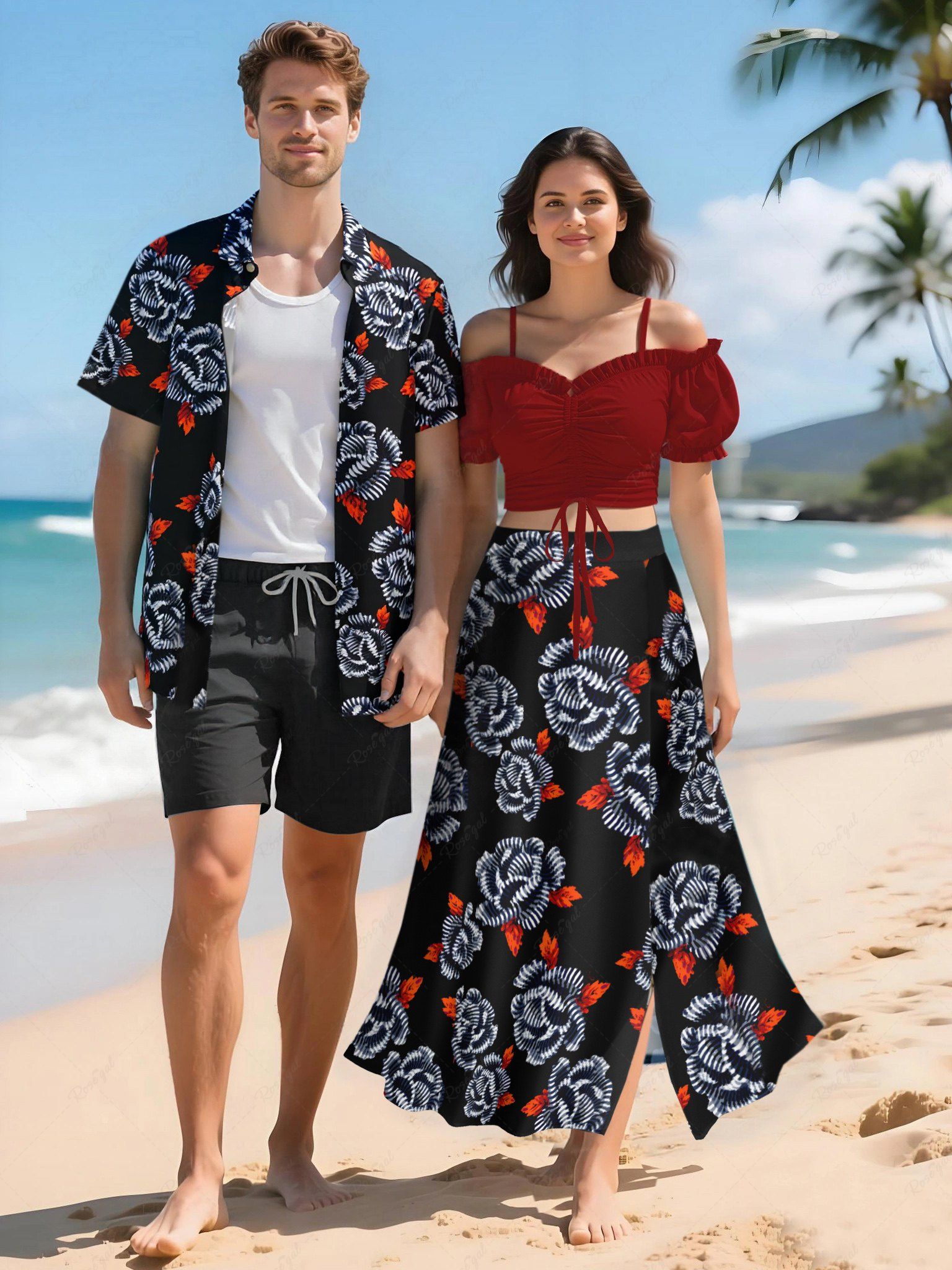 Tenue de plage hawaïenne assortie grande taille à imprimé feuilles de roses pour couples Rouge Vineux 