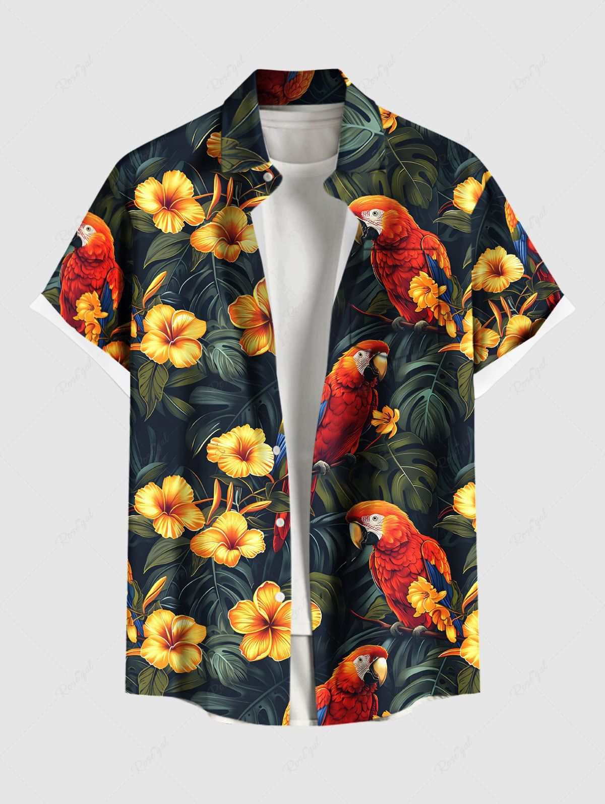 Outfit Plus Size Tropical Leaf Hibiscus Flower Parrot Print Hawaii Button Pocket Shirt For Men  