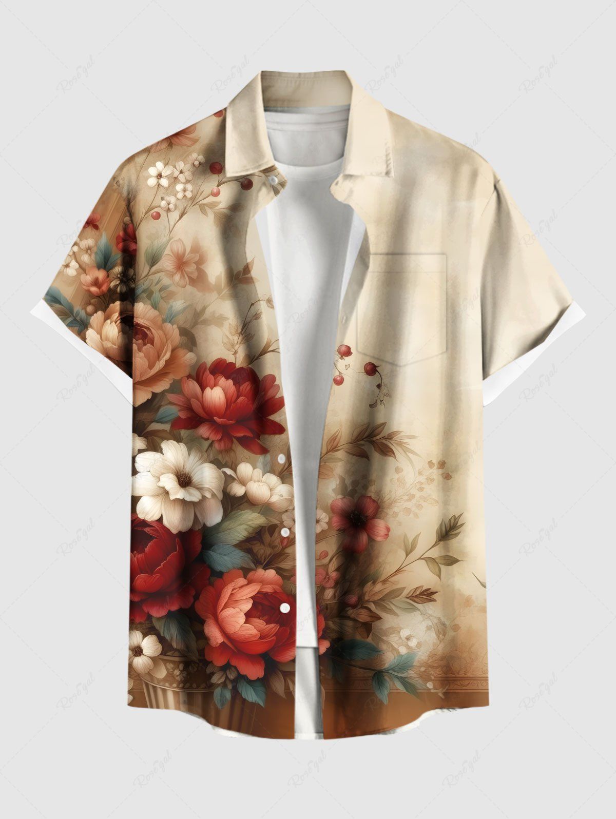 Chemise hawaïenne grande taille à imprimé floral, feuilles et branches, avec poches boutonnées et ombrées, pour homme Abricot 3XL