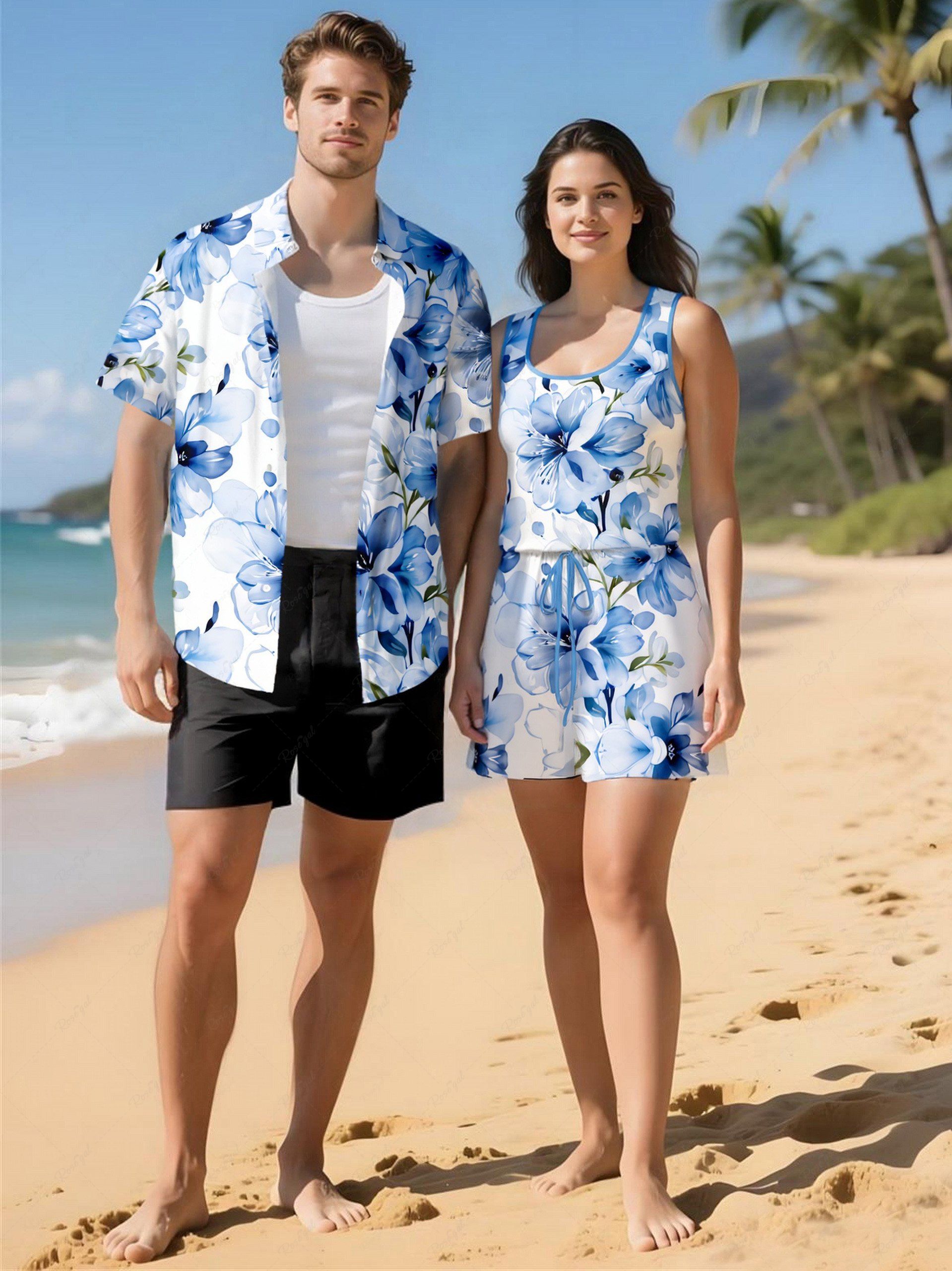 Ensemble chemise et barboteuse hawaïennes assorties, grande taille, tenue de plage à fleurs, imprimé aquarelle, pour couples Blanc 