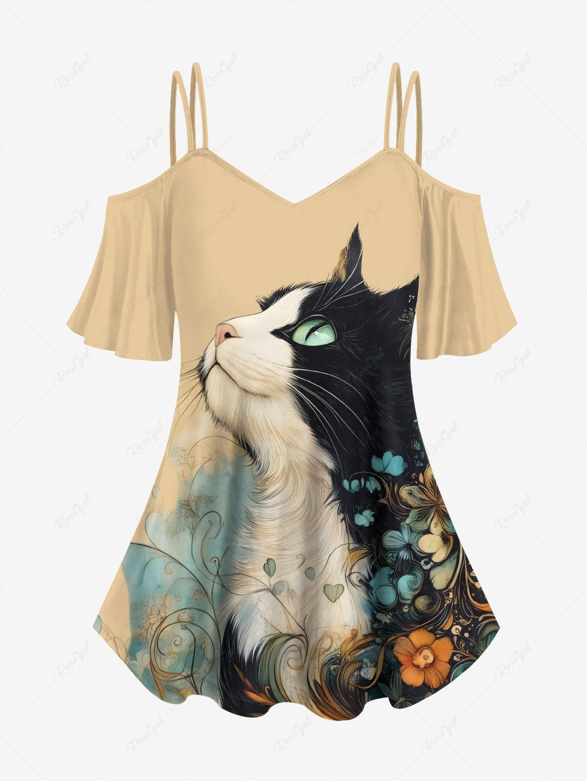 Latest Plus Size Cat Flower Printed Cold Shoulder Women Cami T-shirt  