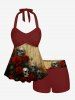 Maillot de bain grande taille à imprimé tête de mort et roses, tenue assortie pour couple - café 