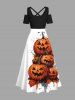 Plus Size Halloween Pumpkin Leaf Paint Splatter Print Cold Shoulder Crisscross Maxi Dress -  