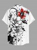 Chemise hawaïenne grande taille à imprimé floral et éclaboussures de peinture à l'encre, boutons et poches pour homme - Blanc 3XL