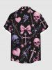 Chemise grande taille pour homme, motif tête de mort, cœur, nœud papillon, étoiles, chaînes, boutons, poche, imprimé - Noir 5XL