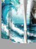 Plus Size Sea Waves Sailboat Flower Branch Print Hawaii Cruise Button Pocket Shirt For Men -  