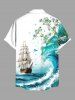 Plus Size Sea Waves Sailboat Flower Branch Print Hawaii Cruise Button Pocket Shirt For Men -  